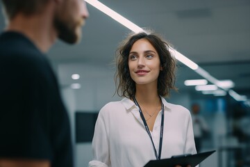 An employee chatting with a colleague in the company office. Work-related conversations and paperwork. AI-generated.