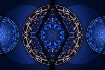 Symmetrical mandala artwork with golden floral patterns and central blue star geometric core
