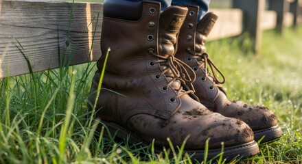Worn leather work boots on grass near wooden fence. Rugged footwear for outdoor labor, farming, or construction. Durable shoes symbolizing hard work and manual profession