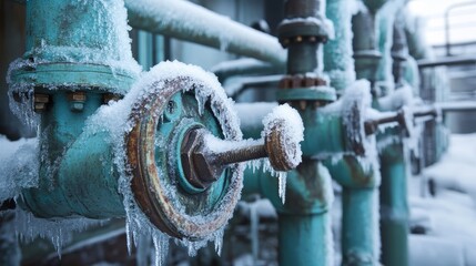 Fototapeta premium Frozen industrial pipeline with ice and snow crystals on metal valves