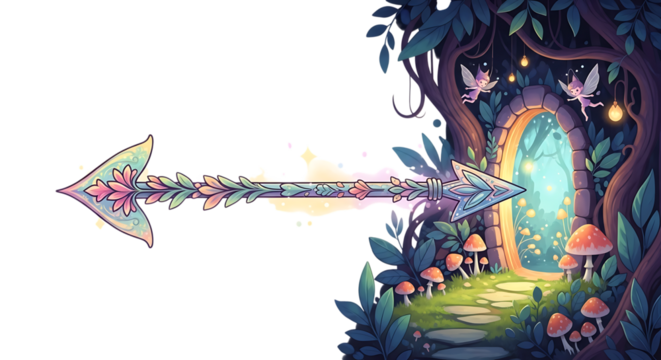 A whimsical illustration isolated on transparent background depicts a floral arrow pointing towards a magical fairy door nestled in an enchanted forest, inviting viewers to embark on a journey into a 