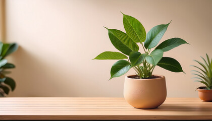 This Serene Image Features A Lush Green Potted Plant Placed On A Wooden Table Against A Soft Cream Wall Creating A Peaceful Atmosphere Filled With Life And Tranquility