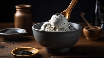 Black sesame ice cream scooped into ceramic bowl sprinkled sesame seeds dark elegant background
