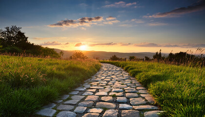 Serene Sunset Pathway With Cobblestones And Lush Grass At Dusk