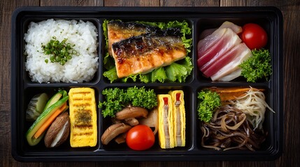 Beautiful Japanese bento box rice fish tamagoyaki vegetables and pickles styled for stock image