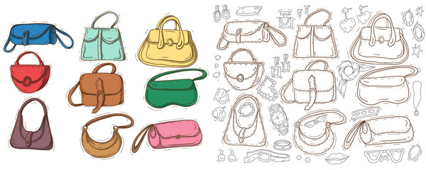 Bags clothing accessories shoppers clutches femininity wardrobe beauty and style fashion clipart doodle hand drawn set
