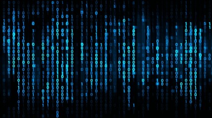 Blue binary code matrix on black background displaying digital data stream