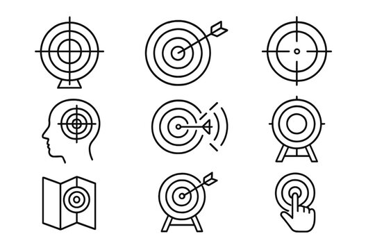 Target collection thin icons set with adjustable stroke for websites, books, cards, apps, vector cartoon illustrations, transparent background, organized and editable design