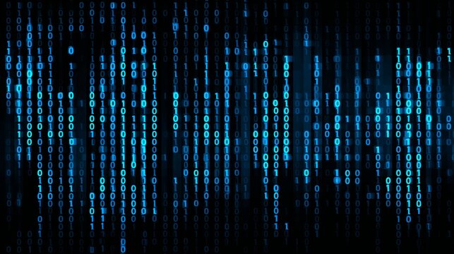 Blue binary code matrix on black background displaying digital data stream - Powered by Adobe