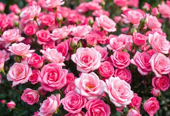 Soft-focus image of numerous pink roses filling the frame,   fresh,   beautiful