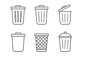 Trash can simple isolated line icons collection, editable stroke design for websites, books, cards, apps, vector cartoon style, transparent background illustration
