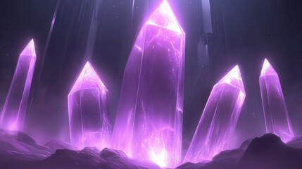 Luminous Purple Crystals: Mystical Landscape with Glowing Formations and Ethereal Light