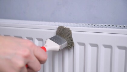 A hand holds a paintbrush, applying a coat of paint to a white radiator.