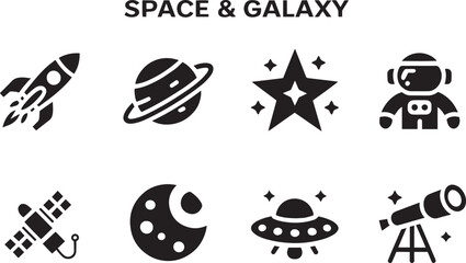 Collection of Eight Silhouette Icons Representing Space and Galaxy Themes Including Rocket Planet Star Astronaut Satellite Moon UFO and Telescope