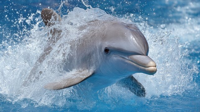 A playful dolphin leaping out of the water with a splash.