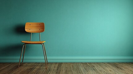 A wooden chair with a wooden backrest and seat, placed against a turquoise wall with a light brown wooden floor.