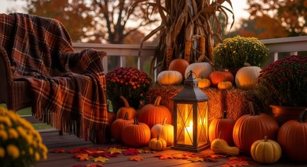 Cozy autumn porch with pumpkins, lantern, and plaid blanket. Fall harvest decorations for home. Warm outdoor setting for Halloween and Thanksgiving.