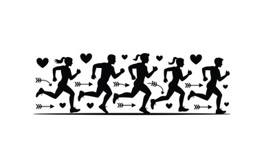 Marathon Runners Silhouettes with Hearts and Arrows: Vector Illustration for Health, Fitness, Love, and Determination Symbolizing Progress and Achievement