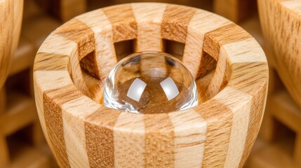 Clear Glass Orb in Wooden Vessel: Artistic Macro Photography, Detailed Texture.