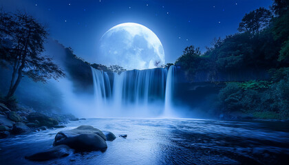 Misty Moonlit Night Scene Of A Majestic Waterfall Delicate Mist Swirls Cascading Downward Emphasizing The Soothing Magical Quality Of The Scene