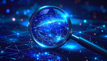 Futuristic concept of data investigation with a magnifying glass over a glowing interconnected global network