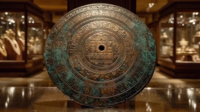 Ancient Chinese bronze mirror with intricate patterns on display in museum. Artifact from Han dynasty. Archeological treasure showcasing metalwork and symbolism in early civilization.