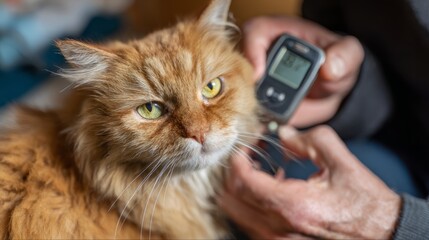 Ginger cat receives blood glucose test for feline health monitoring