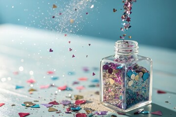 Sparkling glitter pouring from a small bottle onto a surface creating a festive and celebratory atmosphere