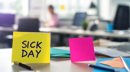 Bright sticky notes with 'sick day' on office desk, male, caucasian, young, blurred background