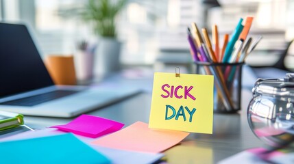 Sick day note on desk surrounded by office supplies in bright work environment