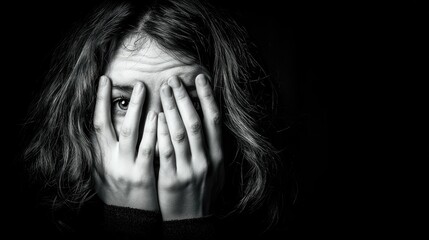 A woman with long hair covering her face, eyes closed, and hands covering her face, against a black background.