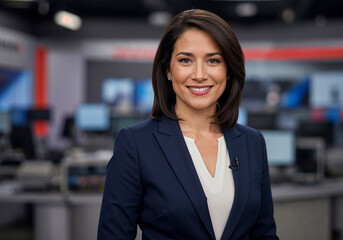 Fototapeta premium Portrait of female tv anchor in formal suit smiling confidently in broadcasting studio environment.