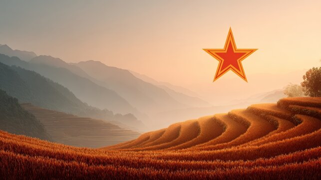 Serene rice terraces at sunset with symbolic red star and misty mountains - Powered by Adobe