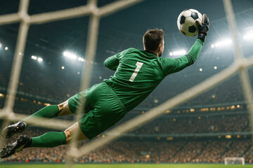 Soccer goalkeeper diving to make a save during night match, wearing bright green uniform and blue gloves. Concept of agility, focus, and decisive action in professional football.