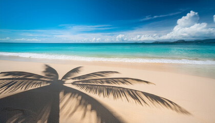 Vibrant Summer Scene Selective Focus On Beach Sand Coconut Leaf Cast Shadow Texture Shadow Paradise Landscape Background