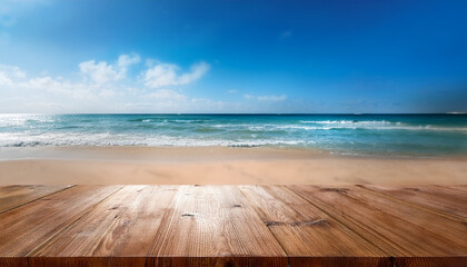 Wooden Table Surface With A Blurred Background Of Sparkling Ocean Waves Sandy Beach And A Bright Blue Sky With Scattered Clouds On A Sunny Day