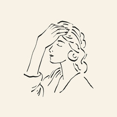 Botanical drawing. Minimal plant logo, botanical graphic sketch drawing,  meadow greenery, leaf and blooming flower abstract sketch element collection, rustic branch. Trendy tiny tattoo design, floral