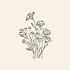 Botanical drawing. Minimal plant logo, botanical graphic sketch drawing,  meadow greenery, leaf and blooming flower abstract sketch element collection, rustic branch. Trendy tiny tattoo design, floral