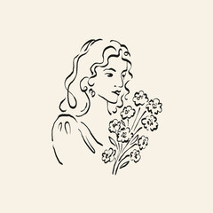 Botanical drawing. Minimal plant logo, botanical graphic sketch drawing,  meadow greenery, leaf and blooming flower abstract sketch element collection, rustic branch. Trendy tiny tattoo design, floral