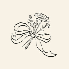 Botanical drawing. Minimal plant logo, botanical graphic sketch drawing,  meadow greenery, leaf and blooming flower abstract sketch element collection, rustic branch. Trendy tiny tattoo design, floral