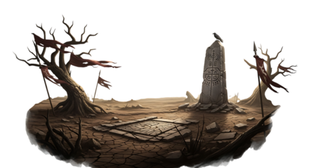 A desolate floating island with a weathered obelisk stands as a silent sentinel, adorned with cryptic symbols and a solitary raven perched atop, while tattered banners flutter from gnarled, leafless t