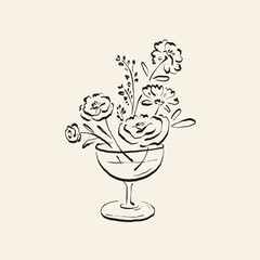 Botanical drawing. Minimal plant logo, botanical graphic sketch drawing,  meadow greenery, leaf and blooming flower abstract sketch element collection, rustic branch. Trendy tiny tattoo design, floral