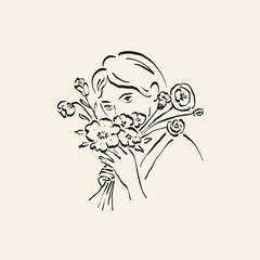 Botanical drawing. Minimal plant logo, botanical graphic sketch drawing,  meadow greenery, leaf and blooming flower abstract sketch element collection, rustic branch. Trendy tiny tattoo design, floral