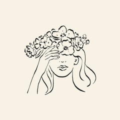 Botanical drawing. Minimal plant logo, botanical graphic sketch drawing,  meadow greenery, leaf and blooming flower abstract sketch element collection, rustic branch. Trendy tiny tattoo design, floral