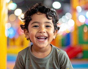  A cheerful young boy is captured in a close-up, laughing joyfully in a colorful indoor play area.