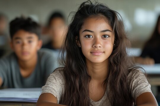 High school girl in Taiwan working with classmates on class project - Powered by Adobe