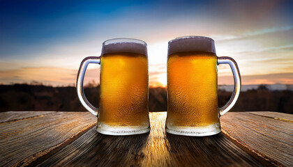 Pair Of Lager Beers On A Rustic Wooden Surface
