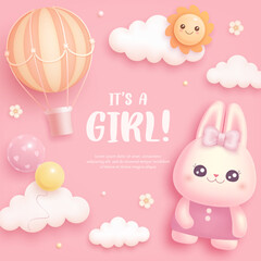 Baby shower invitation square design template with 3d cartoon bunny, hot air balloon and helium balloons. It's a girl. Baby girl greeting card. Baby birth. Vector illustration