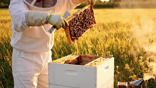 Professional beekeeper wearing protective suit opens beehive, uses smoker, and removes honeycomb frame full of bees and honey in golden meadow at sunset