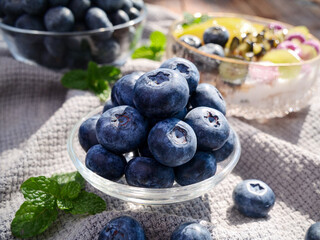 Fresh Blueberries in Glass Bowl with Mint - Healthy Breakfast Fruit Display